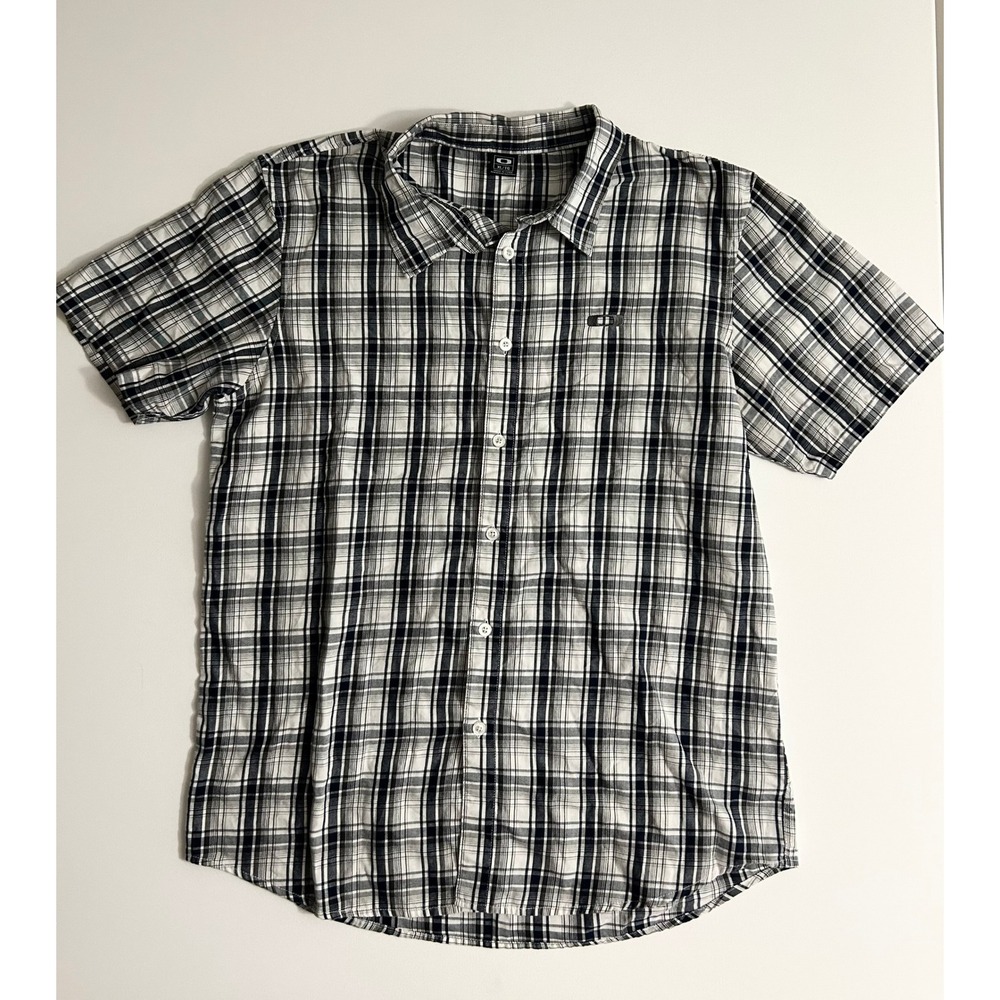 Oakley Mens XL Short Sleeve Button Down Shirt Black White Plaid Logo Casual